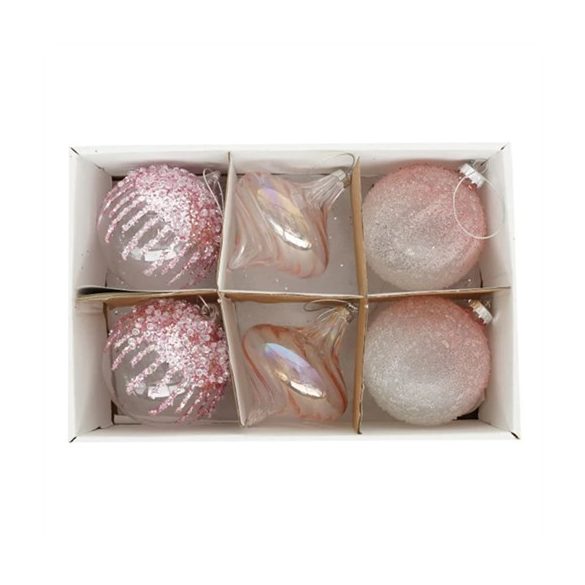 Üveg gömb 8cm hagyma alakú glitteres - Púder S/6