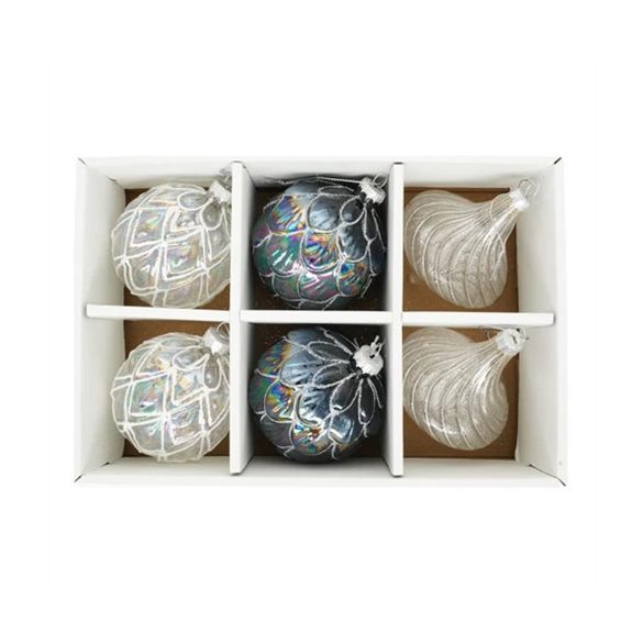 Üveg gömb 8cm toboz, hagyma, dombor mintával - Ezüst, átlátszó S/6