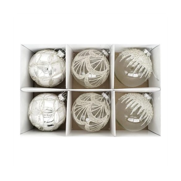 Üveg gömb 8cm dombor mintával glitteres - Ezüst, átlátszó S/6