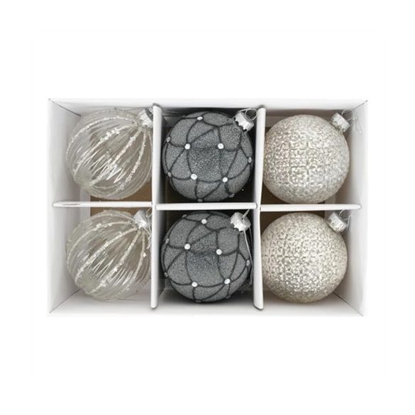 Üveg gömb 8cm dombor mintával glitteres - Arany, szürke S/6