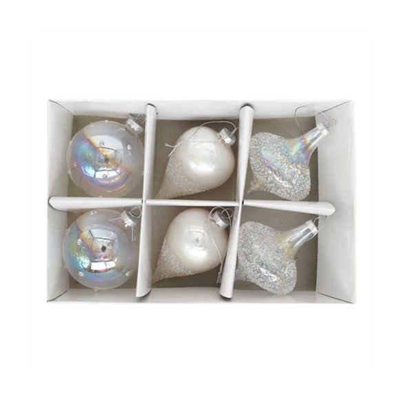 Üveg gömb 8cm toboz glitteres - Átlátszó, ezüst S/6