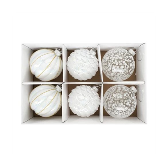 Üveg gömb 8cm toboz alakú, pöttyös dombor mintával - Gyöngyház S/6