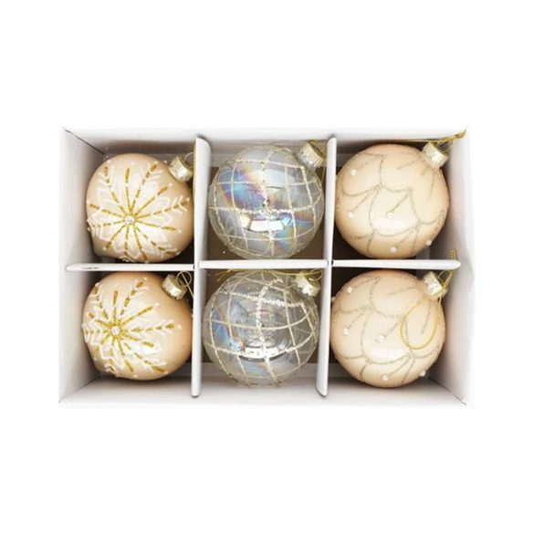 Üveg gömb 8cm glitteres - Átlátszó, bronz, krém S/6