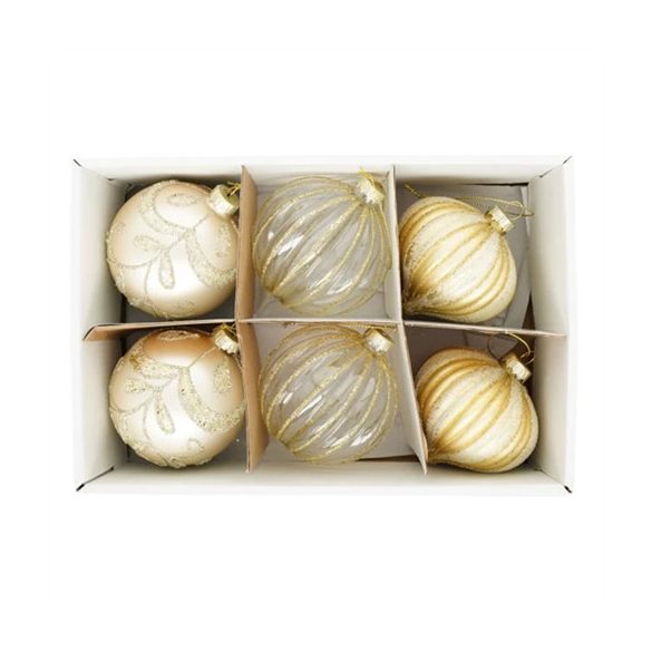 Üveg gömb 8cm glitteres - Pezsgő, átlátszó S/6