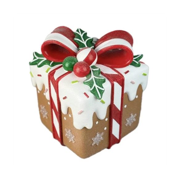 Mézeskalács ajándékdoboz glitteres, LED-es poly 21x21x26cm