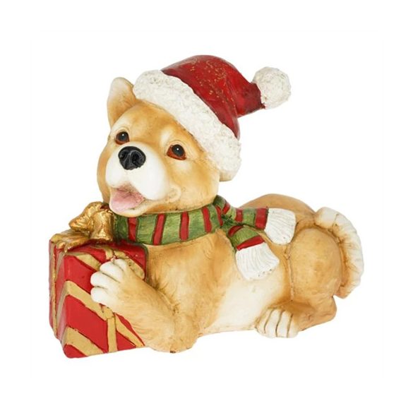 Kutya mikulás sapkában, ajándékkal, fekvő magnezia 37,5x20x30,5cm