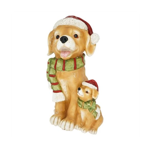 Kutya kiskutyával, mikulás sapkában, ülő magnezia 29x25,5x47cm