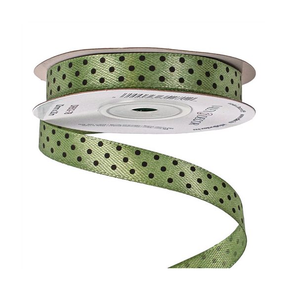 Szatén szalag 12mm/20m fekete pöttyös - Mohazöld