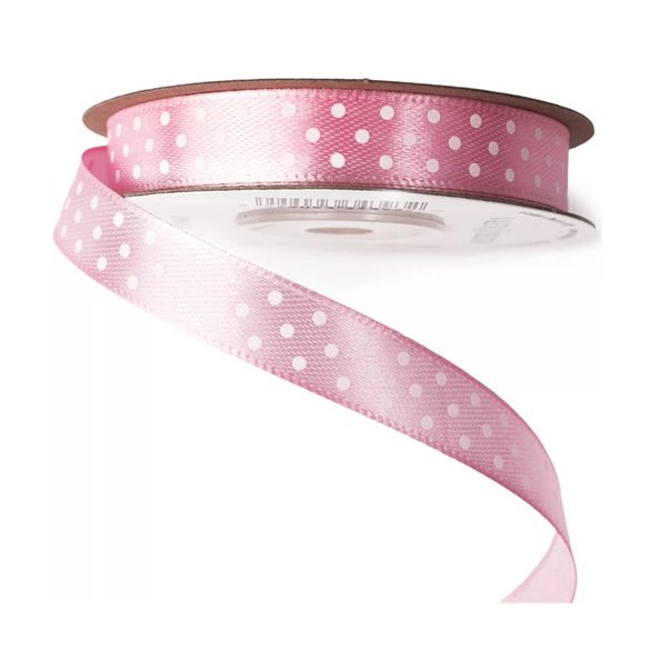 Szatén szalag 12mm/20m fehér pöttyös - Rózsaszín