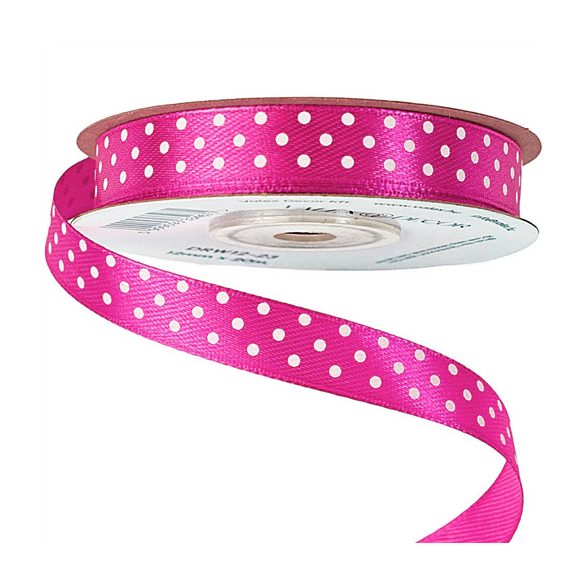 Szatén szalag 12mm/20m fehér pöttyös - Sötét rózsaszín