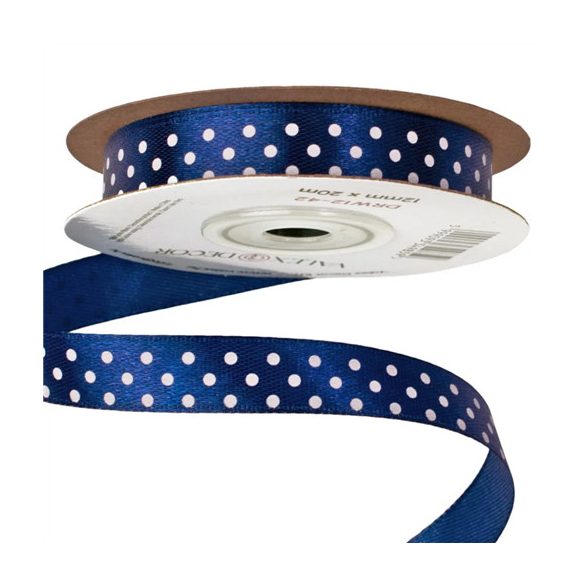 Szatén szalag 12mm/20m fehér pöttyös - Tengerészkék