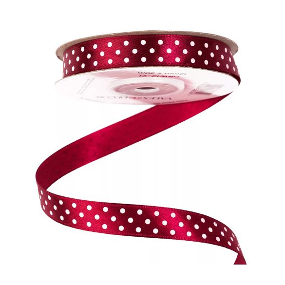 Szatén szalag 12mm/20m fehér pöttyös - Bor vörös