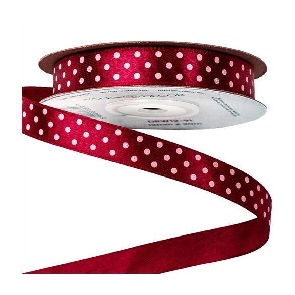 Szatén szalag 12mm/20m fehér pöttyös - Bordó