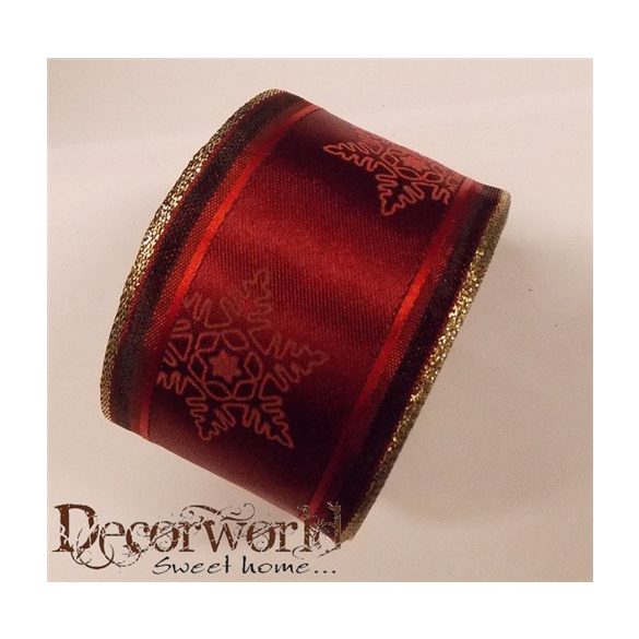Textil szalag bordó hópelyhes csíkos arany széllel 6cm x 10m