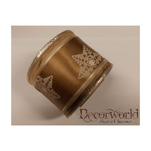 Textil szalag barna hópelyhes ezüst széllel 6cm x 10m