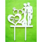  Fehér fa Torta dísz MR & MRS Szíven gyűrűvel 1db 13x20cm