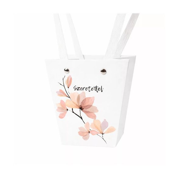 Virágtáska trapéz "Szeretettel" feliratos 12x8x12,5cm - Fehér (10db/csom.)