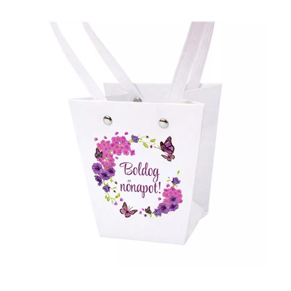 Virágtáska trapéz "Boldog nőnapot" feliratos 12x8x12,5cm - Fehér (10db/csom.)