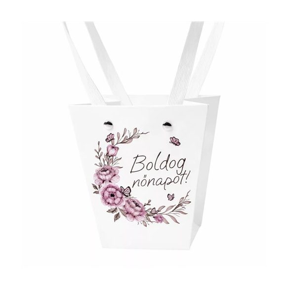 Virágtáska trapéz "Boldog nőnapot" feliratos 12x8x12,5cm - Fehér (10db/csom.)