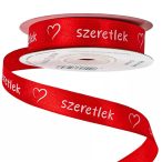   Szatén szalag "Szeretlek" feliratos szívecskés 16m/20m - Piros