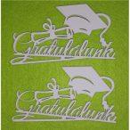   Fehér fa Ballagási sapkás, Gratulálunk felirattal 10,5x6,5 cm  - 2db/csomag