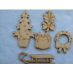   Natúr fa Karácsonyi manó szett 5db/csomag karácsony fa 5,5x9cm, szánkó 9x3cm,fa gyöngy 3,5x5,5 cm,koszorú4,5x5,5 cm,ajándék4x4cm,vastagság 3