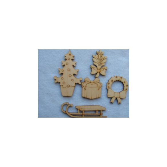 Natúr fa Karácsonyi manó szett 5db/csomag karácsony fa 5,5x9cm, szánkó 9x3cm,fa gyöngy 3,5x5,5 cm,koszorú4,5x5,5 cm,ajándék4x4cm,vastagság 3