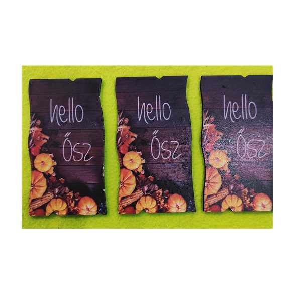 Nyomtatott fa Barna deszkás háttér tökkőkel hello Ősz Felirattal 5x9,5cm