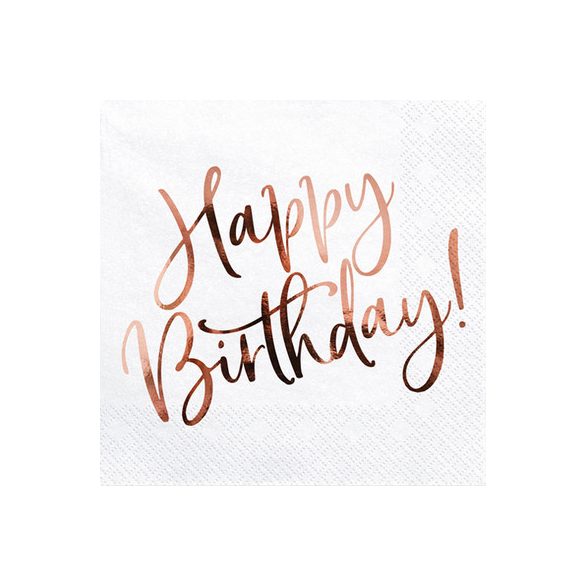 Szalvéta "Happy Birthday" 33x33cm - Fehér/Rose gold